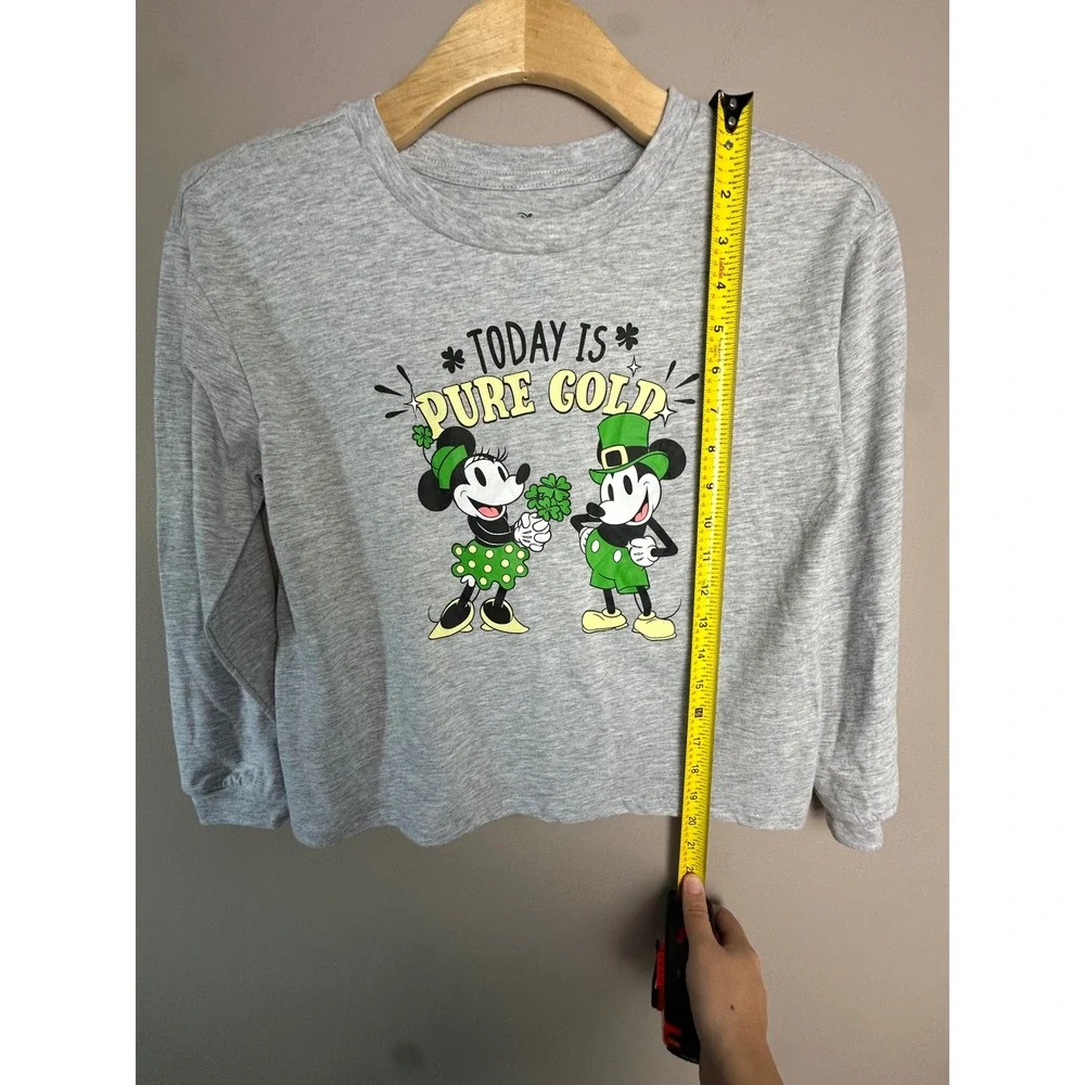 Disney Minnie Mouse Girls XL 14 St Patricks Day Long Sleeve Shirt Gray Gold